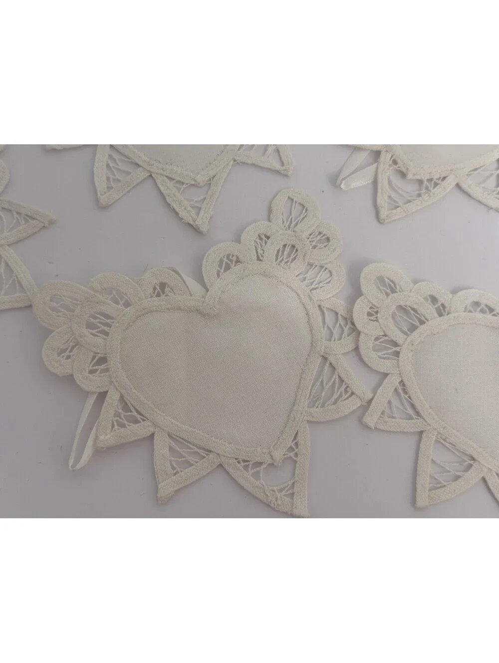 Antique VTG Handmade Heart Lace Linen Doilies Cut Work Set 12pc